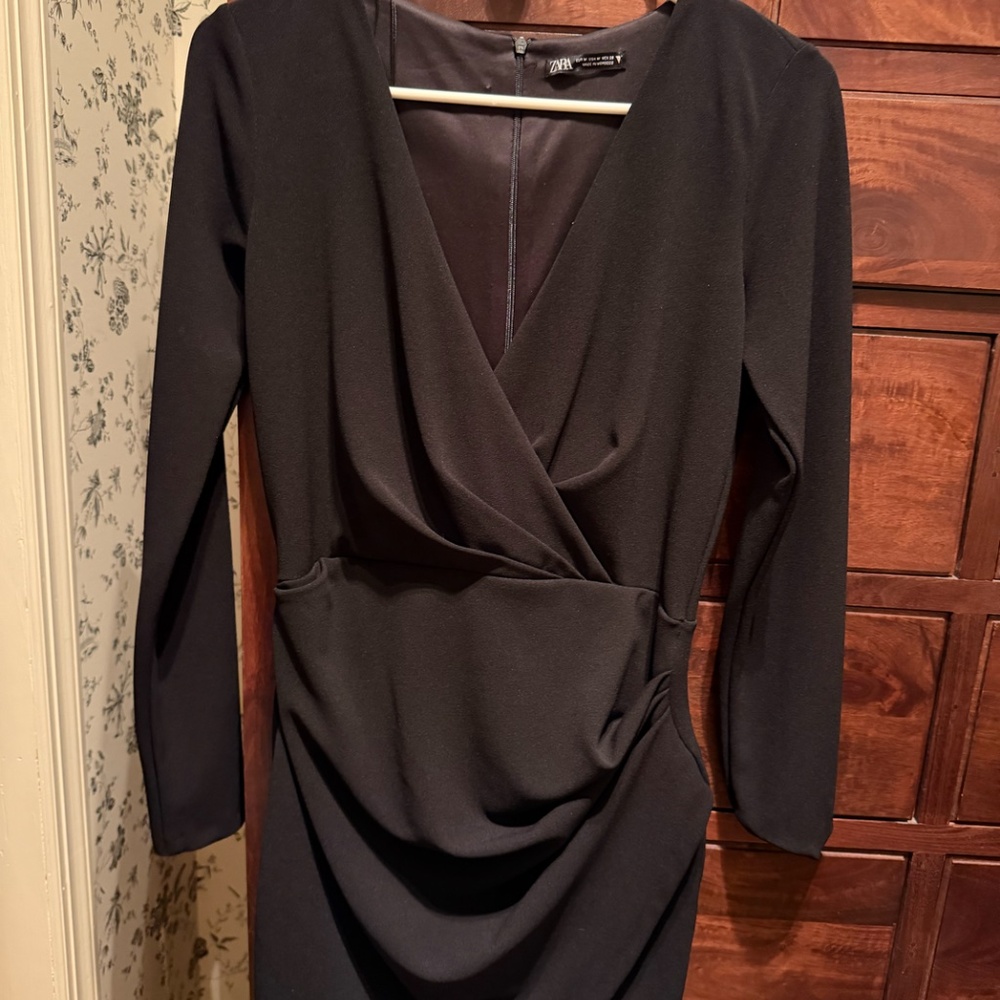 Zara Black Long Sleeve Draped Mini Dress – Deep V Evening Dress